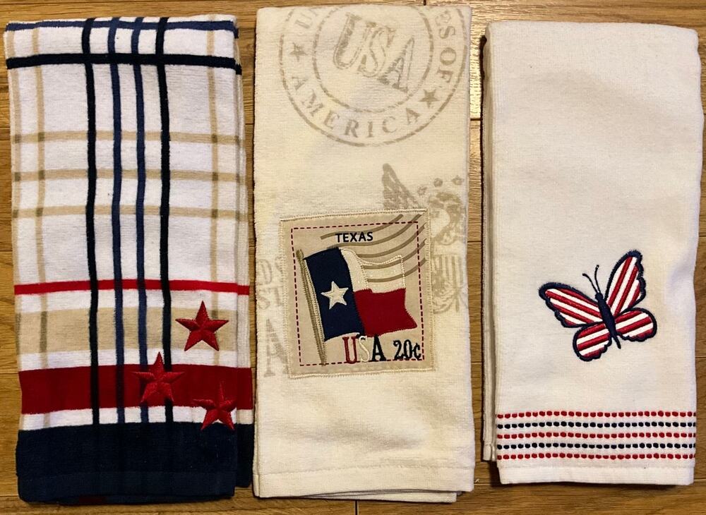 Set of 3 Kitchen Bath Hand Dish Towel Patriotic Texas RWB Flag Butterfly Star